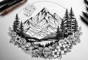 the Fibonacci Sequence. Based on the last image produced, replace the left side of the image with the Rocky Mountains that drops into a triangular point. Remove the floral theme tattoo idea