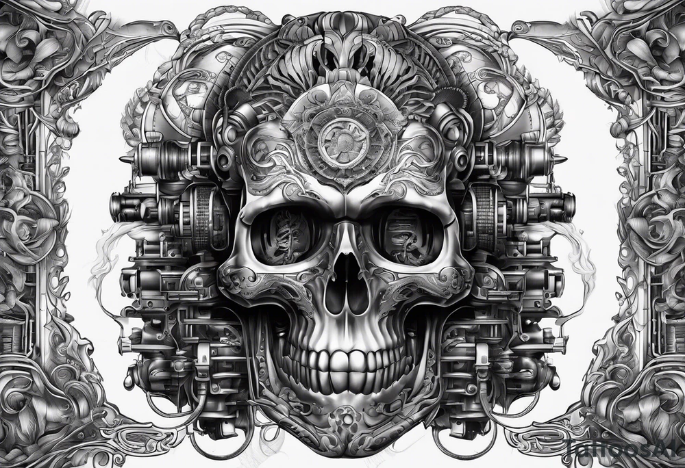 ship like design of a biomechanical brain that is burning tattoo idea