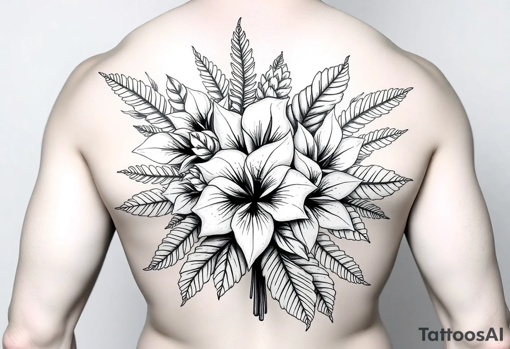 Bouquet made of birth flowers for the months of April May, June and August with exotic foliage like fern leaves and Monstera for arm sleeve
Make them more visible tattoo idea
