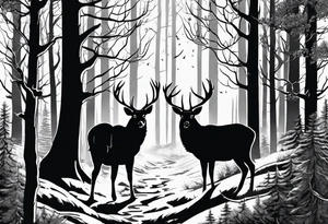 forrest scene with turkey tracks and deer antlers along the trees tattoo idea