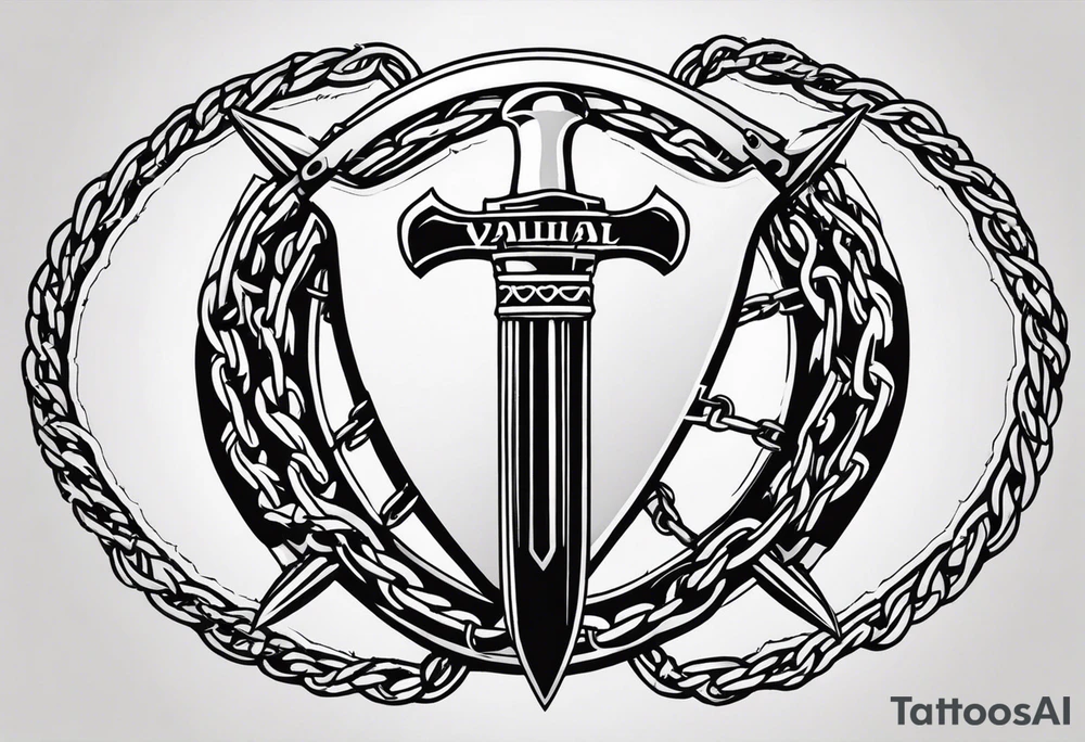 Valhalla round shield axe barbed wire chains tattoo idea