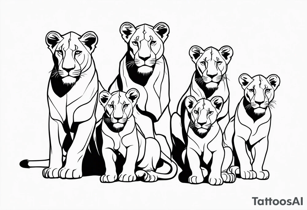 lioness sketch, with the face in a position of 3/4, with 6 cubs, black and white, lines and low amont of shadow tattoo idea