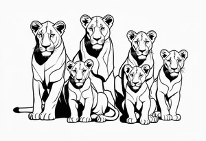 lioness sketch, with the face in a position of 3/4, with 6 cubs, black and white, lines and low amont of shadow tattoo idea