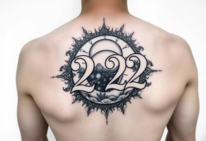 Number 222 surrounded with ying yang and sunset and love and stardust and vibration tattoo idea