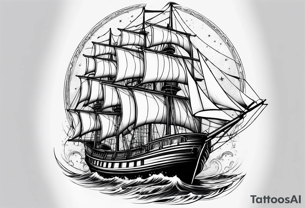 bateau, phare maritime et lune bleu tattoo idea
