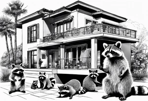 Raccoon Family in Front of her New villa with Pool.
The Husband hast Tools in His Hands.
The wife holds a cake.
The Childs plays with a ball tattoo idea