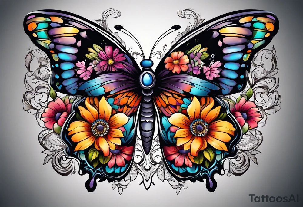 butterfly with half the wings covered in colorful bright flowers, the other half normal butterfly design but looks like a skull in the wing design tattoo idea
