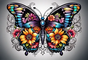 butterfly with half the wings covered in colorful bright flowers, the other half normal butterfly design but looks like a skull in the wing design tattoo idea