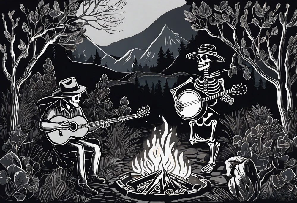 Foreground: The skeleton in a coal miner's hat, animatedly playing the banjo. The light from the campfire illuminates the skeleton and the nearby surroundings, casting intricate shadows.
Midground: The glowing campfire, with flames realistically designed in black and grey shades to emphasize movement and light.
Background: Subtle outlines and shading of rhododendron plants, giving a natural and dense feel to the woods. These can be stylized to blend seamlessly with the style of the tattoo.
Sky: A night sky speckled with stars, adding depth and a sense of time to the scene, with the stars providing a contrast against the dark sky. tattoo idea