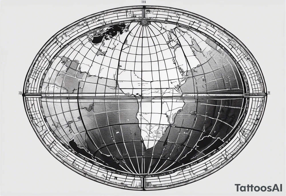 the earth on a flat map with light fading shading placed on a grid with only the lines with accurate depictions of the borders in countries while having it in an oval/circular position on a grid without any borders on the sides tattoo idea