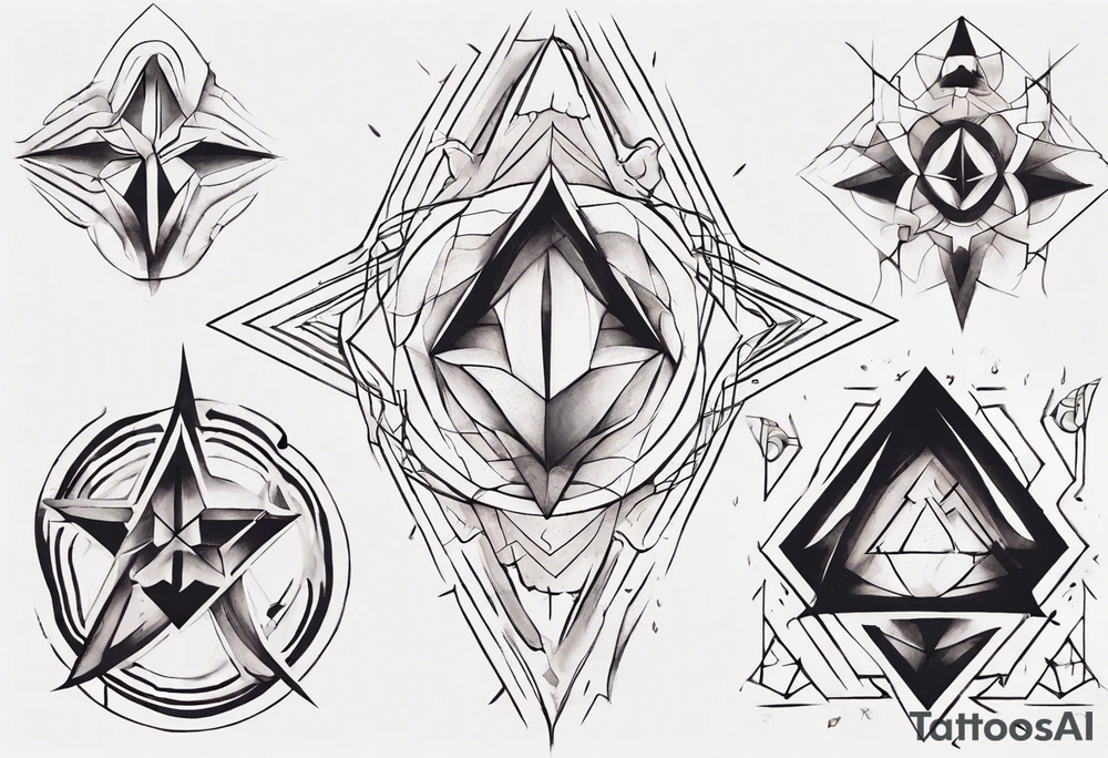 I'm looking for a geometric or abstract tattoo design to cover my existing chest tattoo. Use bold lines and unique shapes to create a visually appealing and modern look tattoo idea