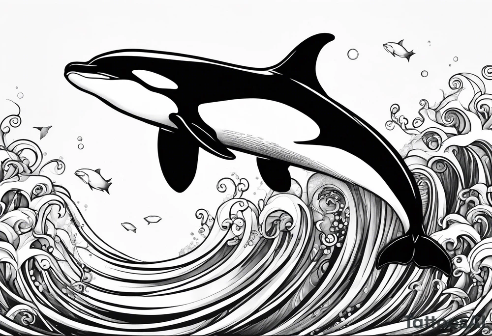 transient orca, flowing body, wrapped in kelp, smooth tattoo idea