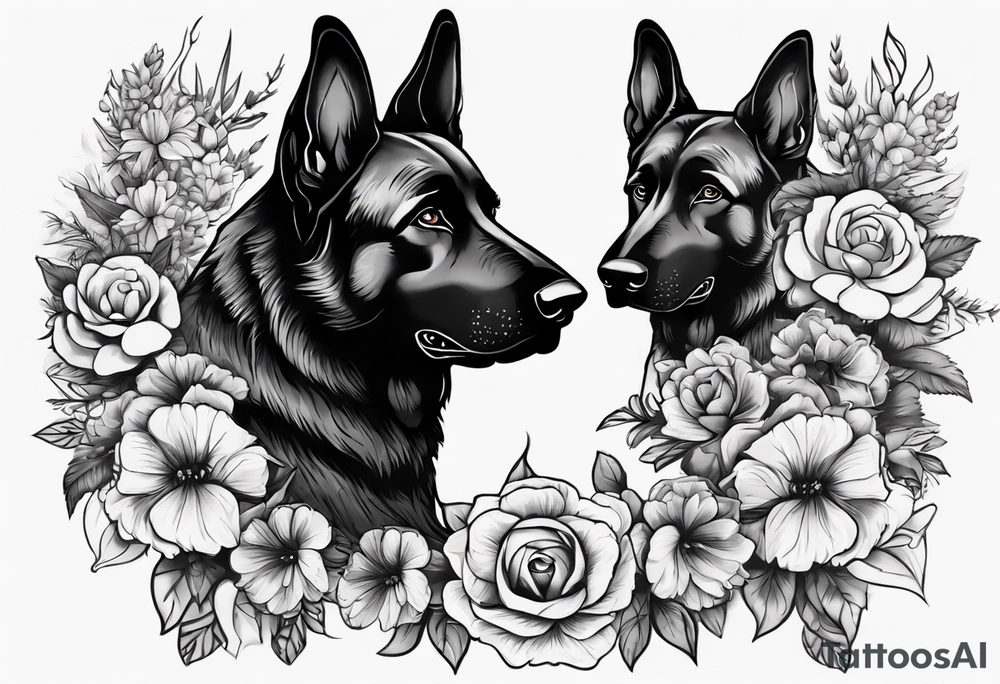 Black German shepherd portrait with flowers tattoo idea