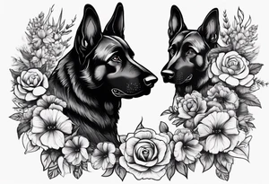 Black German shepherd portrait with flowers tattoo idea
