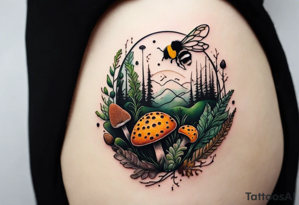 minimalistic forest floor inspired tattoo, which includes grass, moss, curly ferns and dead leaves as the bulk of the tattoo. details to include: forest berries, couple of very small brown mushrooms, a tiny bumblebee flying nearby tattoo idea