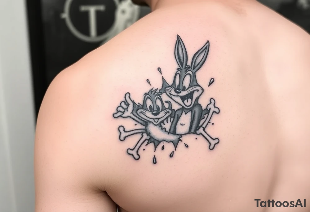 right rib cage i want the looney toons breaking out and as their body parts exit they turn to bones (representing my four kids 3 boys 1 girl) tattoo idea