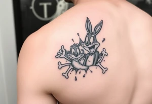 right rib cage i want the looney toons breaking out and as their body parts exit they turn to bones (representing my four kids 3 boys 1 girl) tattoo idea