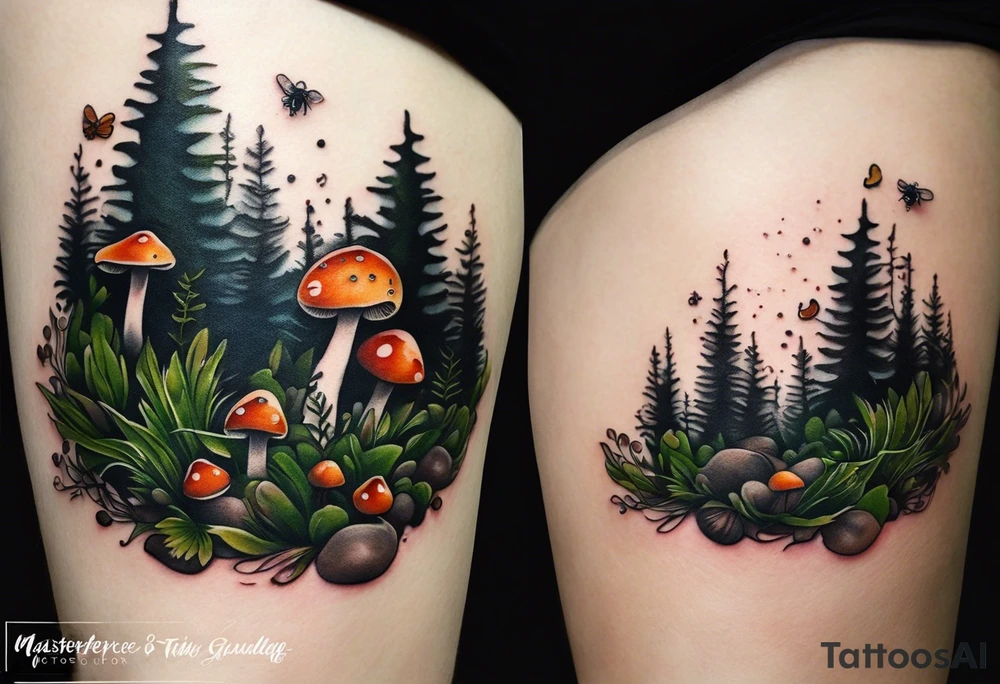 minimalistic forest floor inspired tattoo, which includes grass, moss, curly ferns and dead leaves as the bulk of the tattoo. details to include: forest berries, couple of very small brown mushrooms, a tiny bumblebee flying nearby tattoo idea
