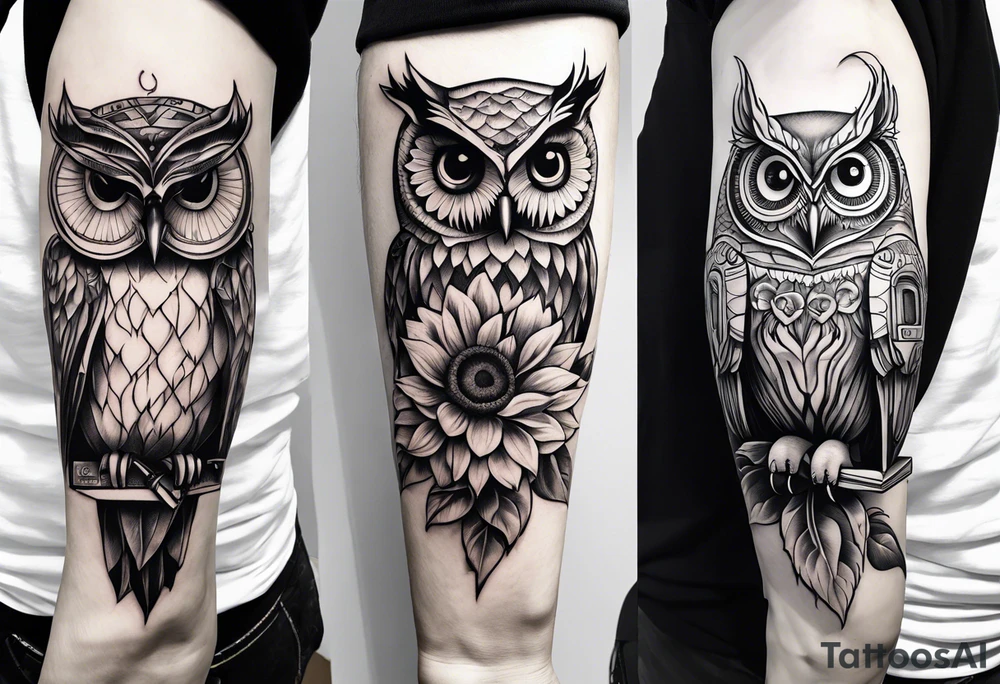 Sunflower, camera, book, owl, flower rose tattoo idea