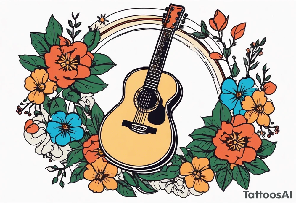 old school traditional vintage style design of guitar with flowers surrounding it tattoo idea