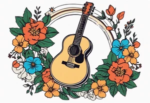 old school traditional vintage style design of guitar with flowers surrounding it tattoo idea