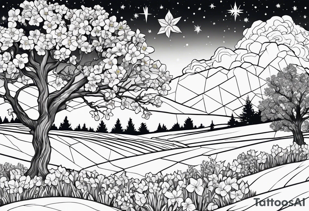 Winter sky, flowers, stars, violets, primroses, daffodil, jonquil, snow, oak tree tattoo idea