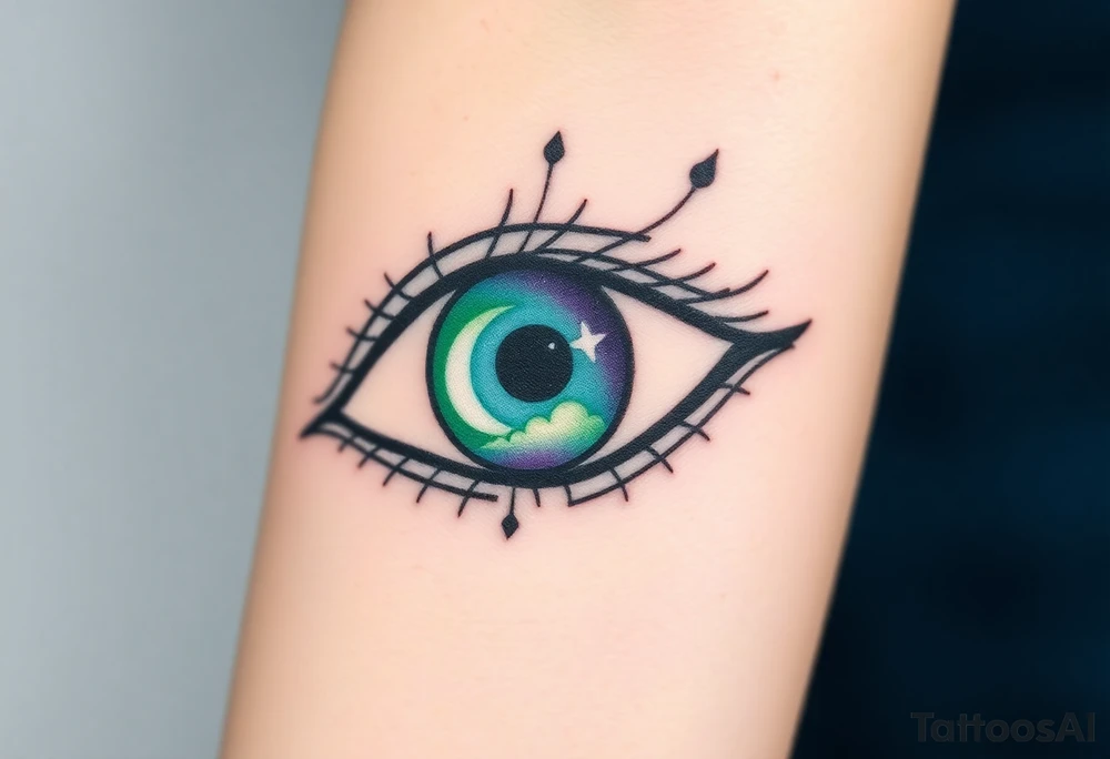 Large outline of an almond shaped eye with a spade shaped eyeball colored greenish blue with a crescent moon stars and clouds inside vivid colors blue green purple tattoo idea