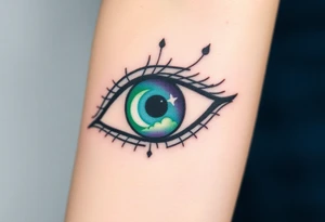Large outline of an almond shaped eye with a spade shaped eyeball colored greenish blue with a crescent moon stars and clouds inside vivid colors blue green purple tattoo idea