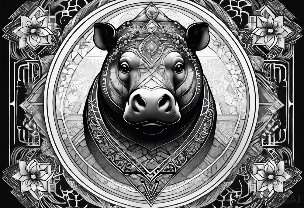 Very asymmetrical, +geometric pattern, with realistic full moon, with hippo at side look, +tribal, +geometric, +inkart , +blackwork, +grey scale, + sketch
with wintersweet flower bud, +portrait orientation, +inkart touch, tattoo idea