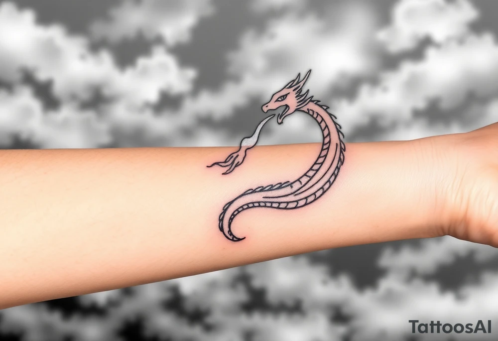 fierce dragon breathing iridescent fire against stormy skies tattoo idea