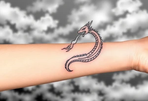 fierce dragon breathing iridescent fire against stormy skies tattoo idea