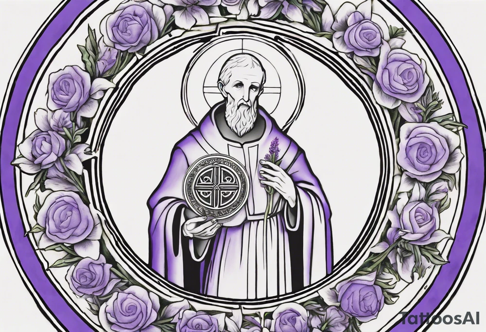I'm looking for a custom tattoo design featuring a faithful and precise representation of the Saint Benedict medal, surrounded by delicately intertwined lavender flowers to create a harmonious and aesthetically pleasing composition. The focus should be on maintaining the authenticity of the Saint Benedict medal while incorporating the serene beauty of lavender blooms around it. The design should strike a balance that captures the symbolic essence of the medal within a visually appealing tattoo. tattoo idea
