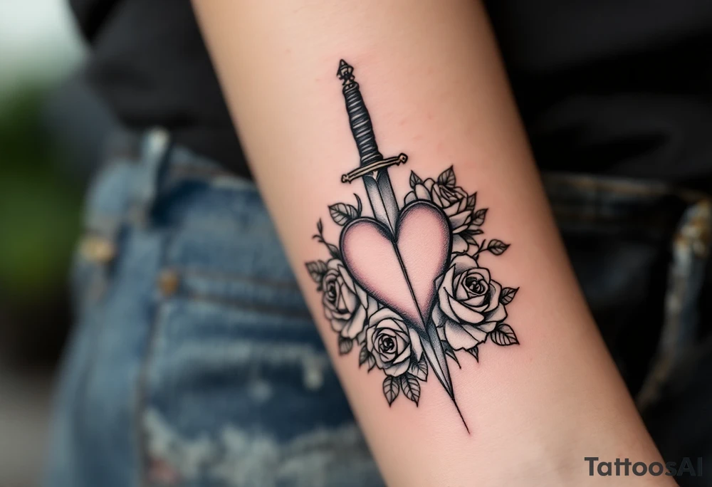dagger piercing a heart with roses tattoo idea