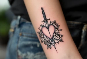 dagger piercing a heart with roses tattoo idea