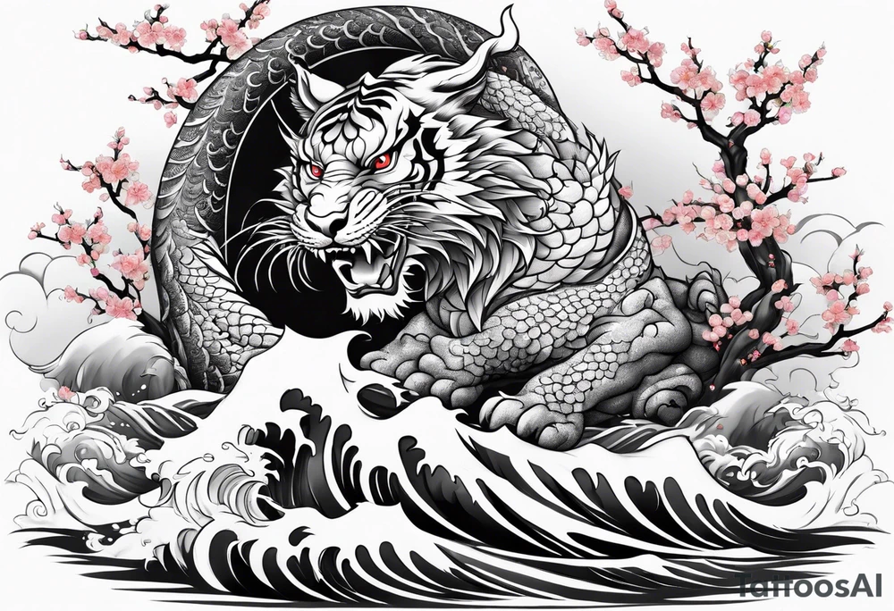 Majestic dragon vs fierce tiger in waves and cherry blossoms tattoo idea