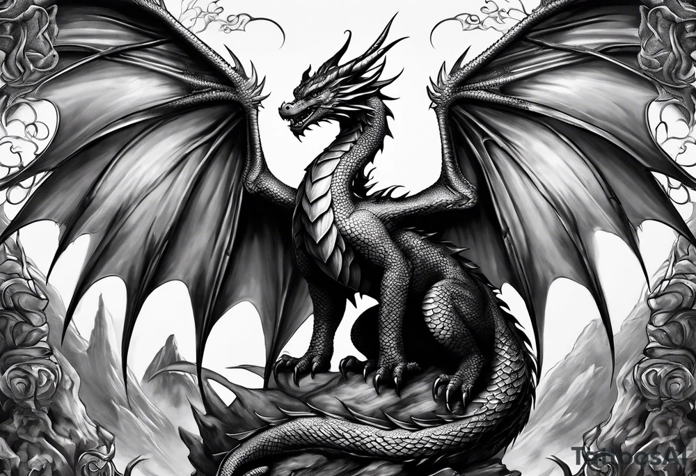 Mother dragon wings spread standing over three baby dragons tattoo idea