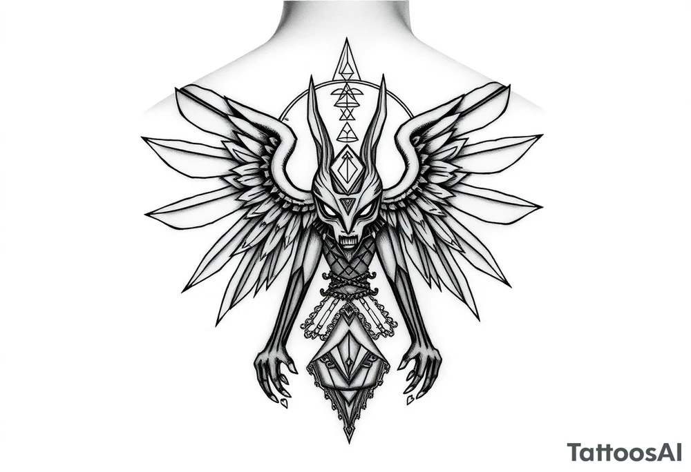 "Anubis in ufo 

Style: sacral geometry blackwork. Thigh/calf placement." tattoo idea