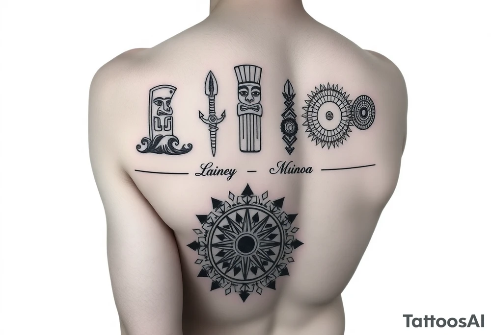 lower armband design with Polynesian symbols of waves, spearheads and tiki, scandanvian compass, igbo patterns symbolizing resilience, Native American circle representing wholeness. The names Lainey, Kainoa and Maya tattoo idea