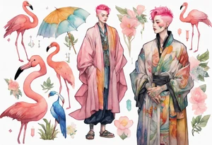 a nonbinary person with pink hair wearing a rainbow medieval robe standing next to a flamingo tattoo idea