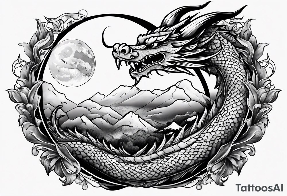 Dragon with Seven number format with full moon on background tattoo idea