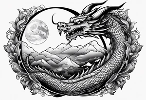 Dragon with Seven number format with full moon on background tattoo idea