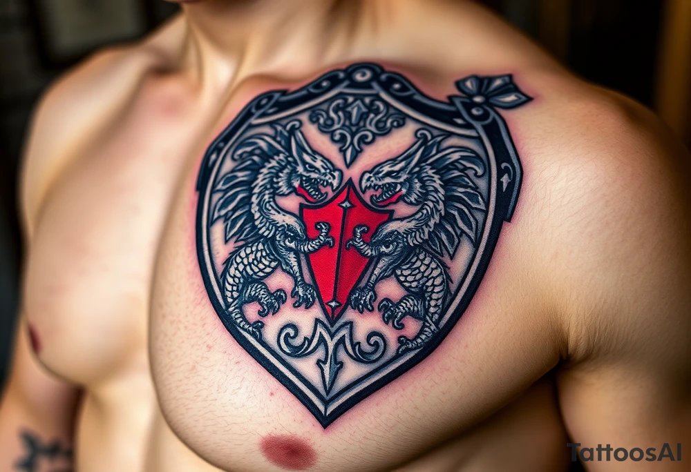 A close-up of an ornate knight’s breastplate, with detailed engravings of dragons tattoo idea