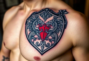 A close-up of an ornate knight’s breastplate, with detailed engravings of dragons tattoo idea