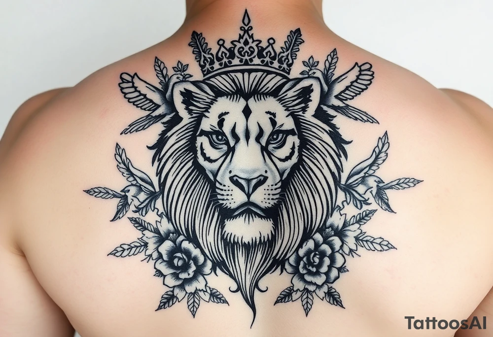 powerful majestic lion with a crown, surrounded by floral ornaments and birds tattoo idea