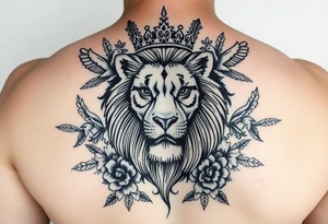 powerful majestic lion with a crown, surrounded by floral ornaments and birds tattoo idea