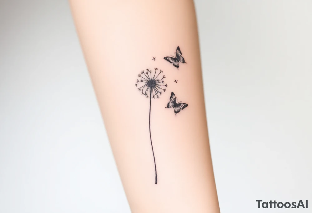a dandelion and two (2) minimalistic butterflies flying around it tattoo idea