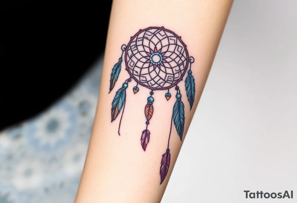 native dreamcatcher with flowing feathers and sacred beads tattoo idea
