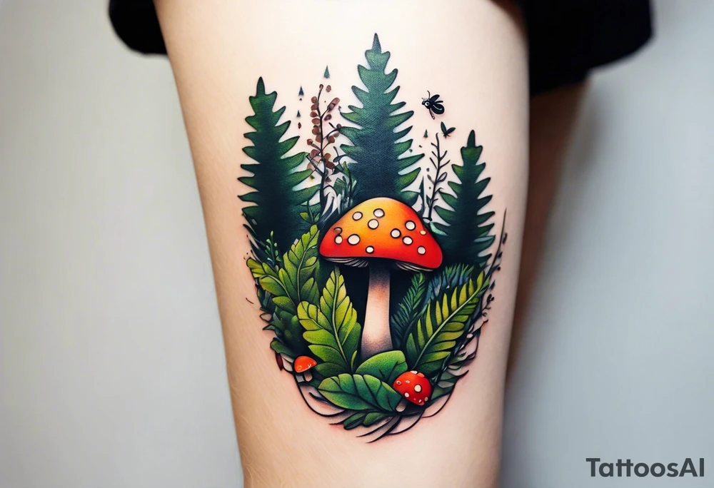 forest floor inspired minimalist tattoo, which includes grass, curly ferns, moss and dead leaves as the bulk of the tattoo. details to include: forest berries, a tiny bumblebee flying nearby, three small brown mushrooms
Generate a vertically long one tattoo idea