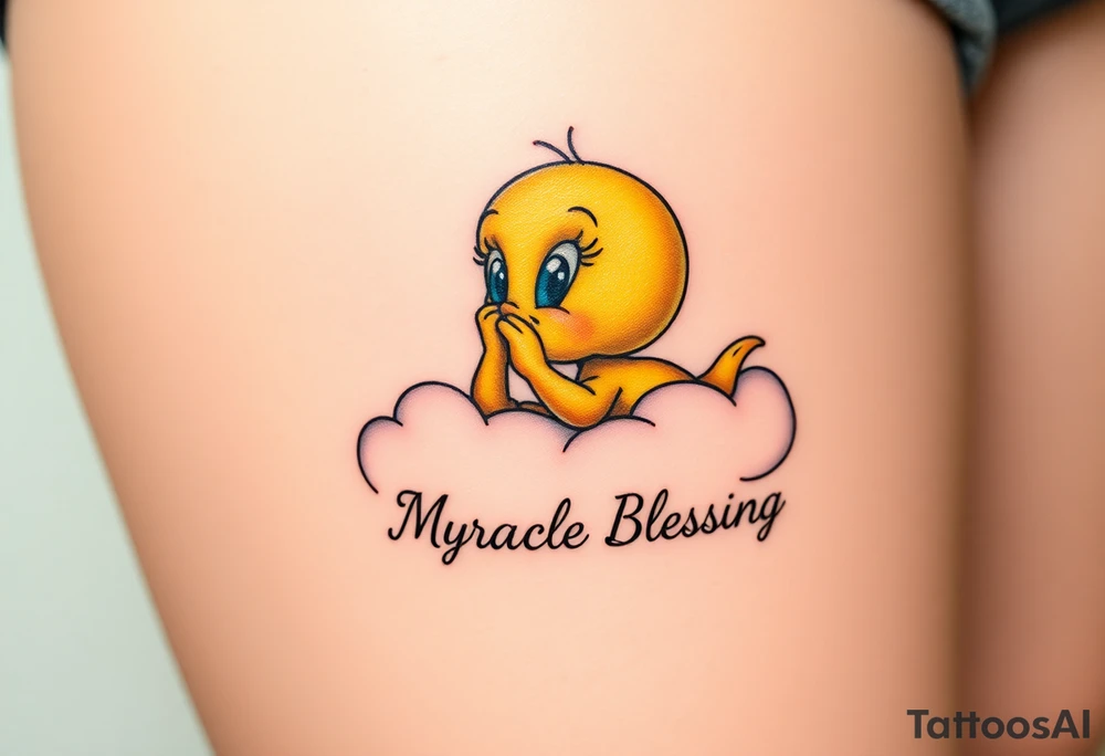 Tweety Bird laying on a cloud with his head in his hands looking up at the sky. Under the cloud in small capital letters is the name Myracle Blessing tattoo idea