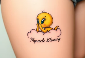 Tweety Bird laying on a cloud with his head in his hands looking up at the sky. Under the cloud in small capital letters is the name Myracle Blessing tattoo idea